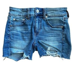 American Eagle Super Stretchy Midi Length Denim Shorts with Frayed + Teared Hems